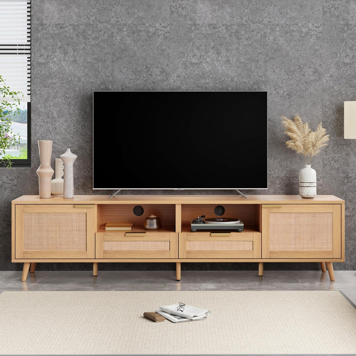 Rattan TV Stand for TVs up to 85'', Modern Farmhouse Media Console