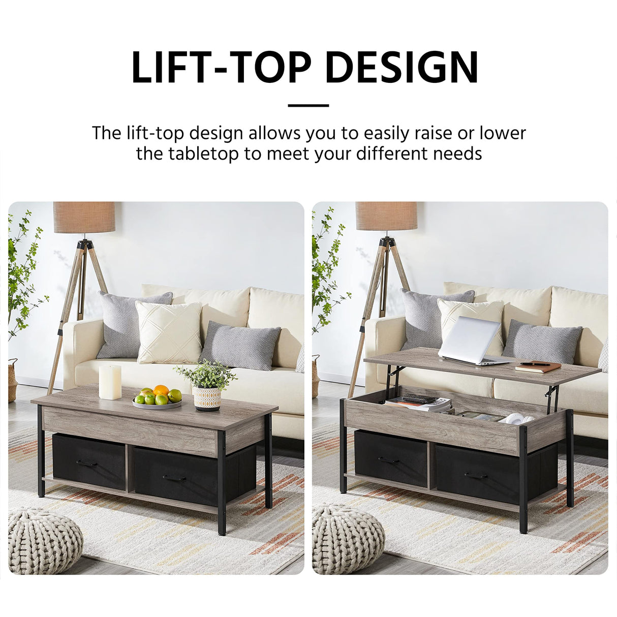 Lift-top Coffee Table with 2 Fabric Baskets & Hidden Storage Compartment