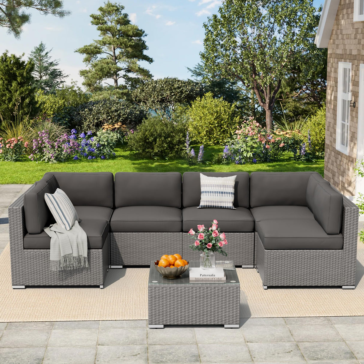 7 Piece Outdoor Sectional Sofa Patio Furniture Set, All-Weather PE Grey Wicker Patio Conversation Set