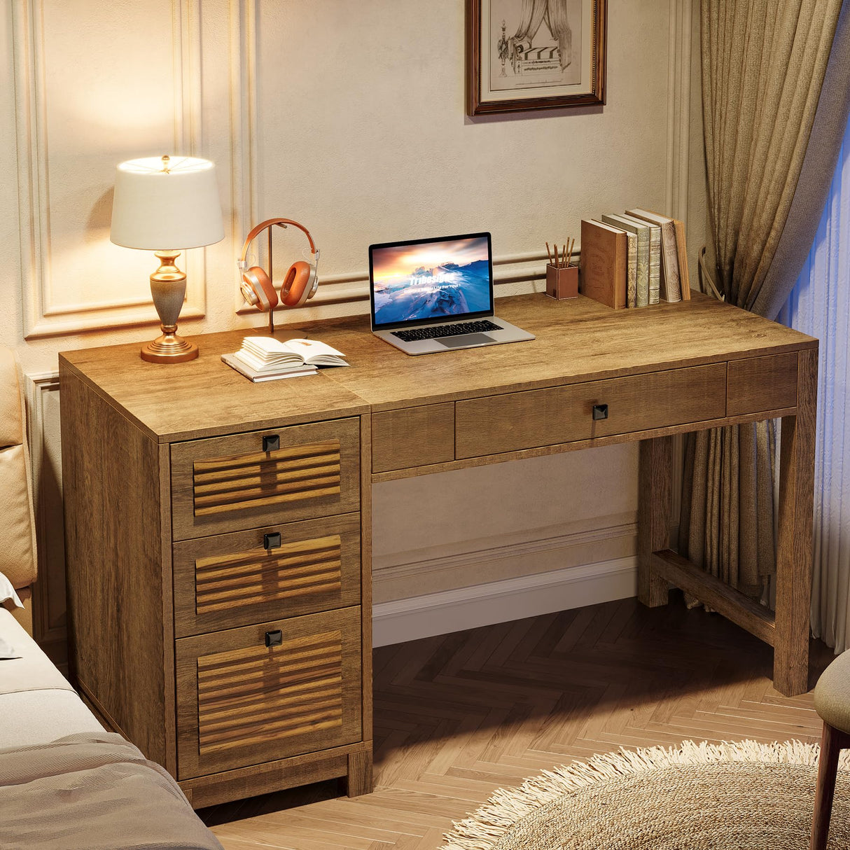 Wood Desk with 4 Drawers, Executive Desk with Storage, Home Office Desk with File