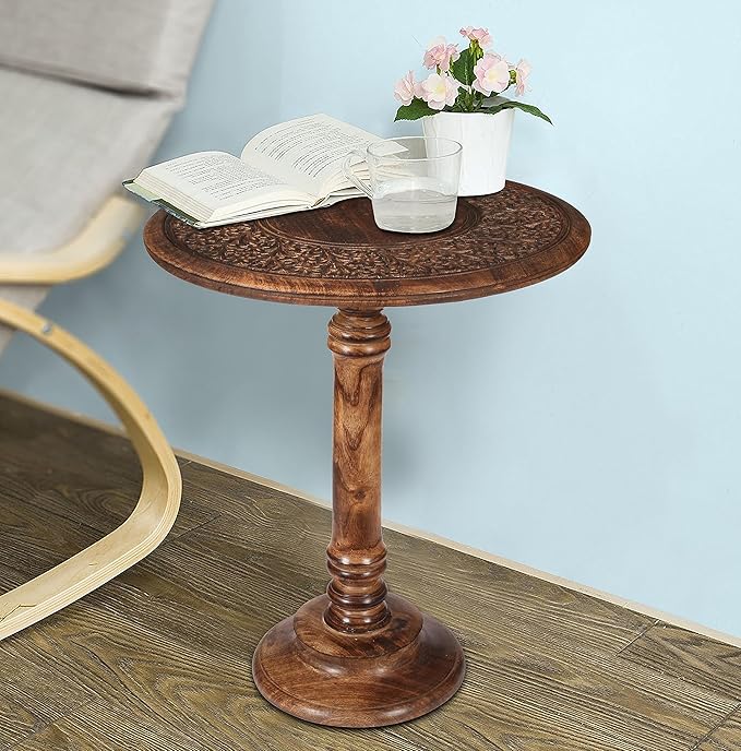 Carved Round End Table with Single Pillar, Unique Accent Piece for Living Room