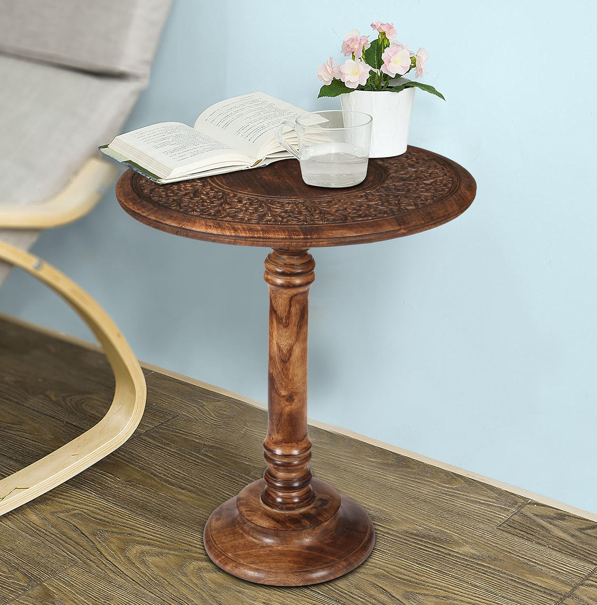 Hand-Carved Wooden Pillar Table - Small Side End Table, Elegant Entry & Living Room