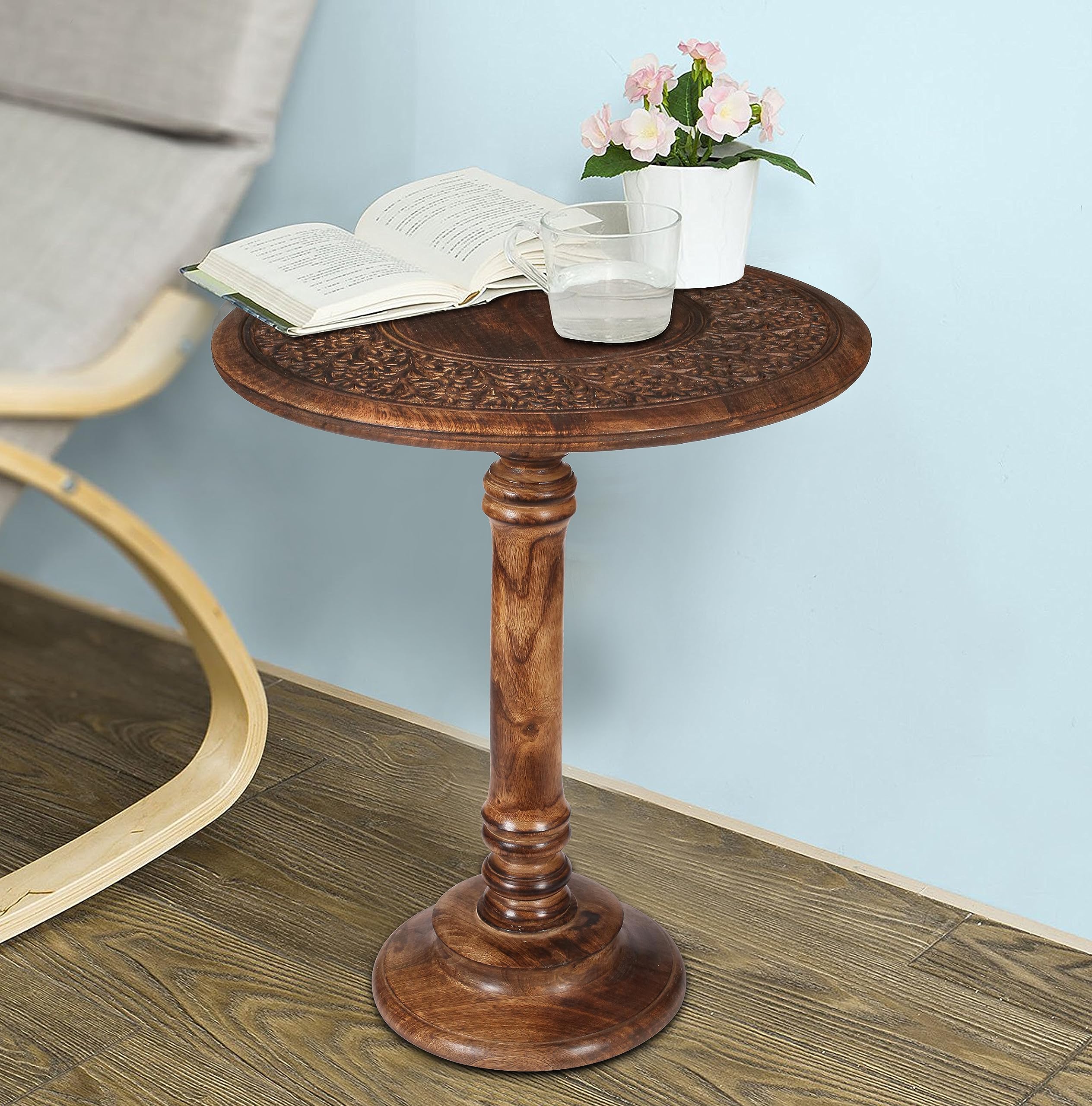 Hand-Carved Wooden Pillar Table - Small Side End Table, Elegant Entry & Living Room
