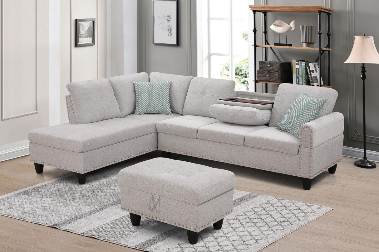 Shaped Sectional Couch with Storage Ottoman and 2 Cup Holders
