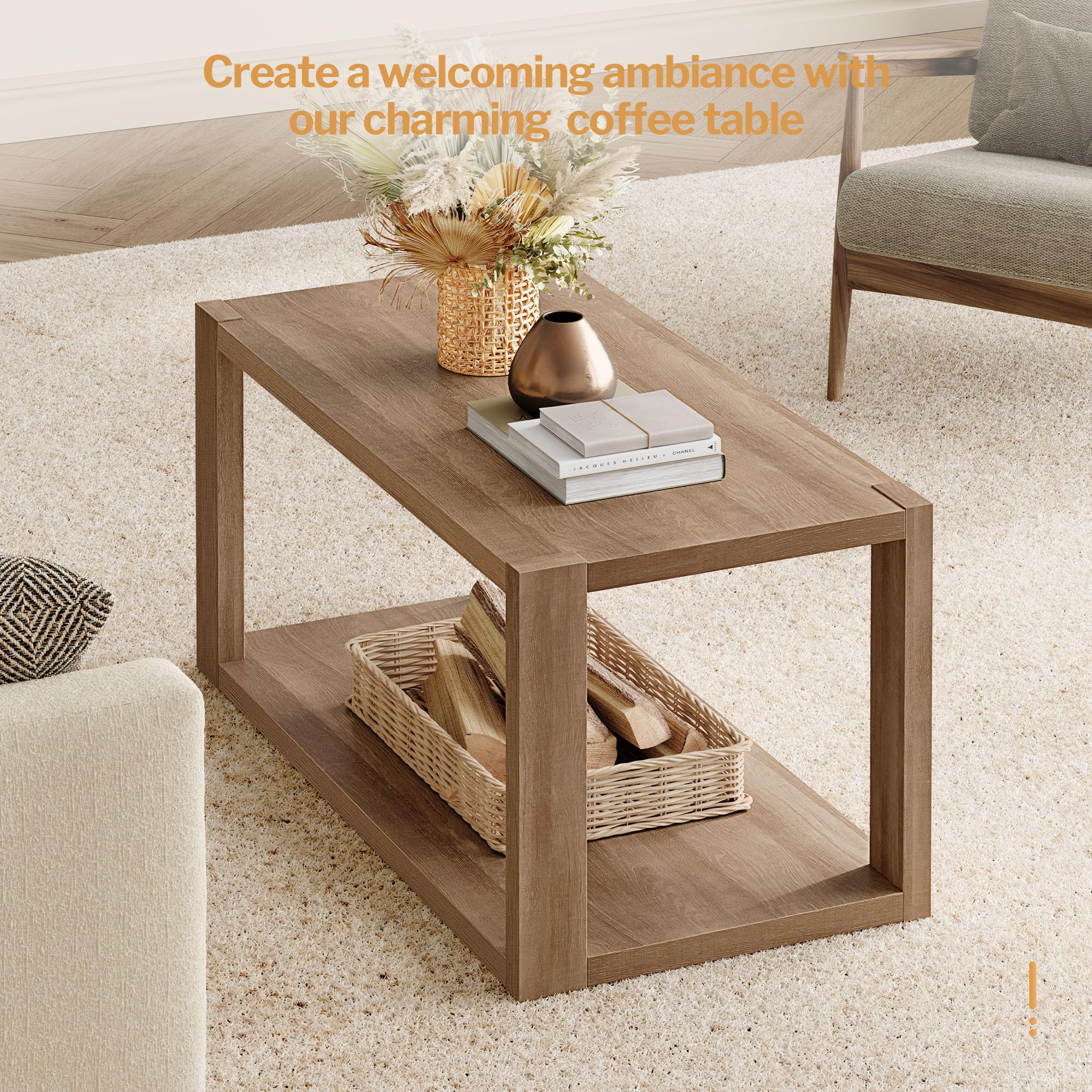 Farmhouse Wood Coffee Table - Boho Table with Storage Shelf
