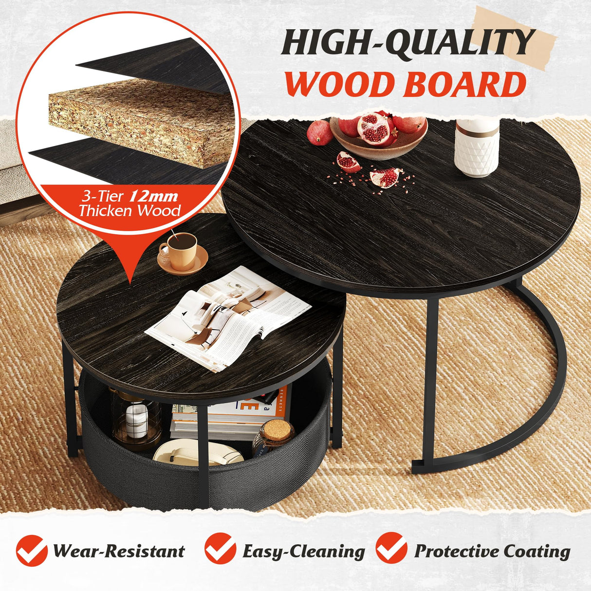 Round Coffee Table Set of 2, 31.5" and 23.6" Nesting Table for Living Room