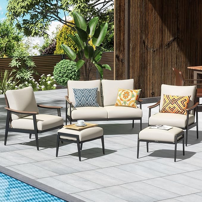 6 Pieces Patio Furniture Set, Outdoor Furniture Sofa Sectional Modern Metal Patio Conversation Set