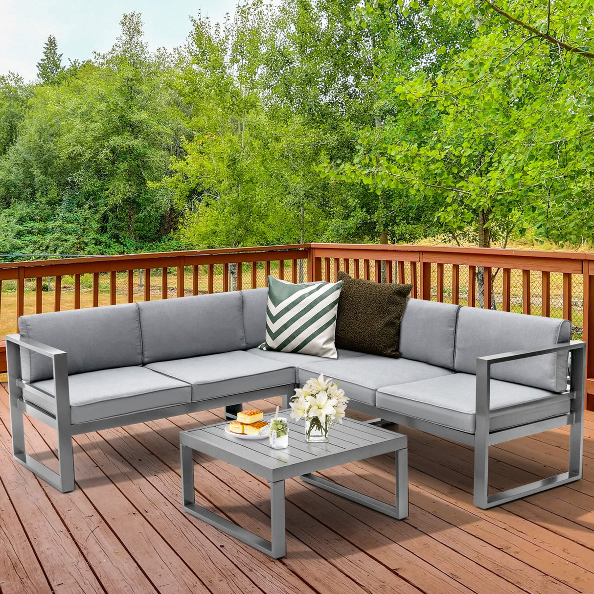 4 Pieces Aluminum Patio Furniture Set, Patiojoy All Weather Heavy Duty Cushioned Outdoor L Shaped Sofa Set