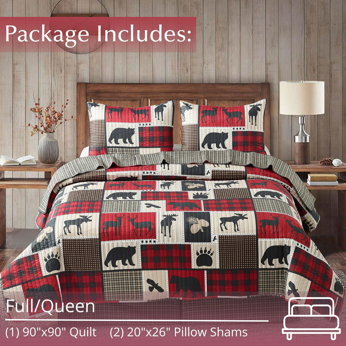 3 Piece Full/Queen Cabin Quilt Bedding Set - Lodge Life - Rustic Country Reversible