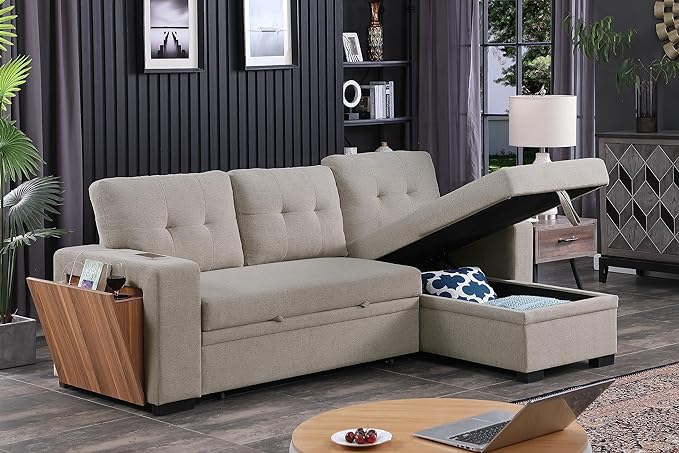 Shaped Sectional Couch with Storage Ottoman and 2 Cup Holders