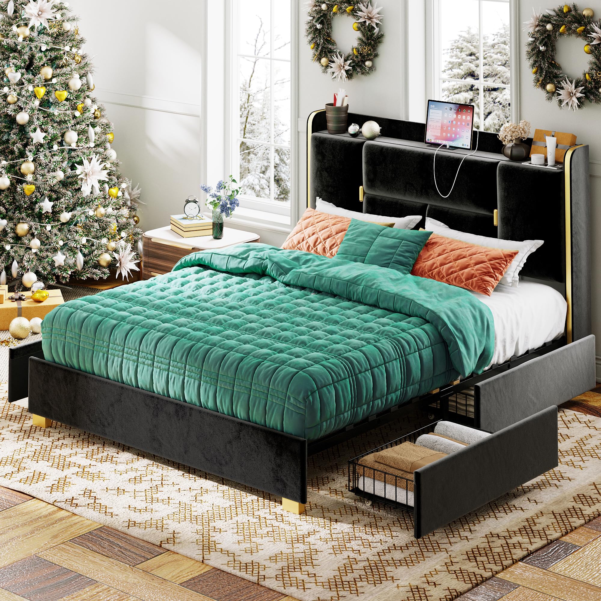 Full Size Bed Frame with 4 Drawers, Upholstered Storage Headboard