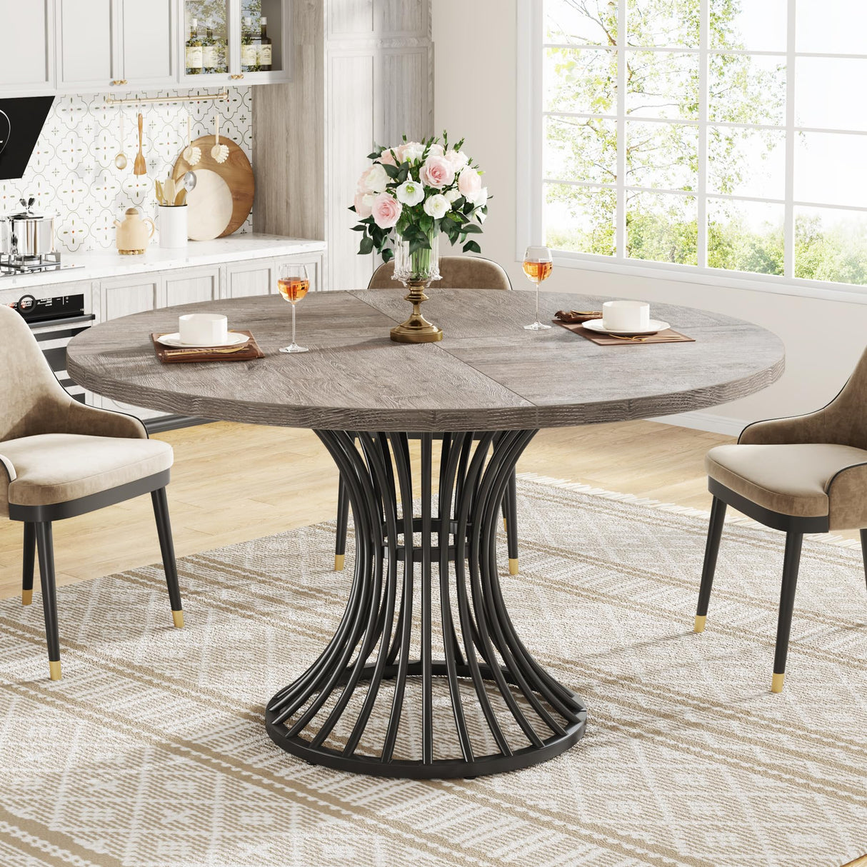 47-Inch Round Dining Table - Farmhouse Industrial Style with Metal Base