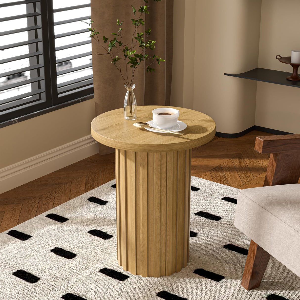 Farmhouse Pedestal End Table Round Side Table with Fluted Panel Rustic Drink Table