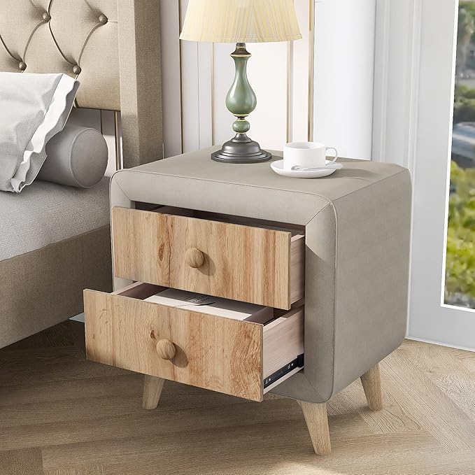 Upholstered Wooden Nightstand with 2 Drawers, Bedside Table with Rubber Wood Leg