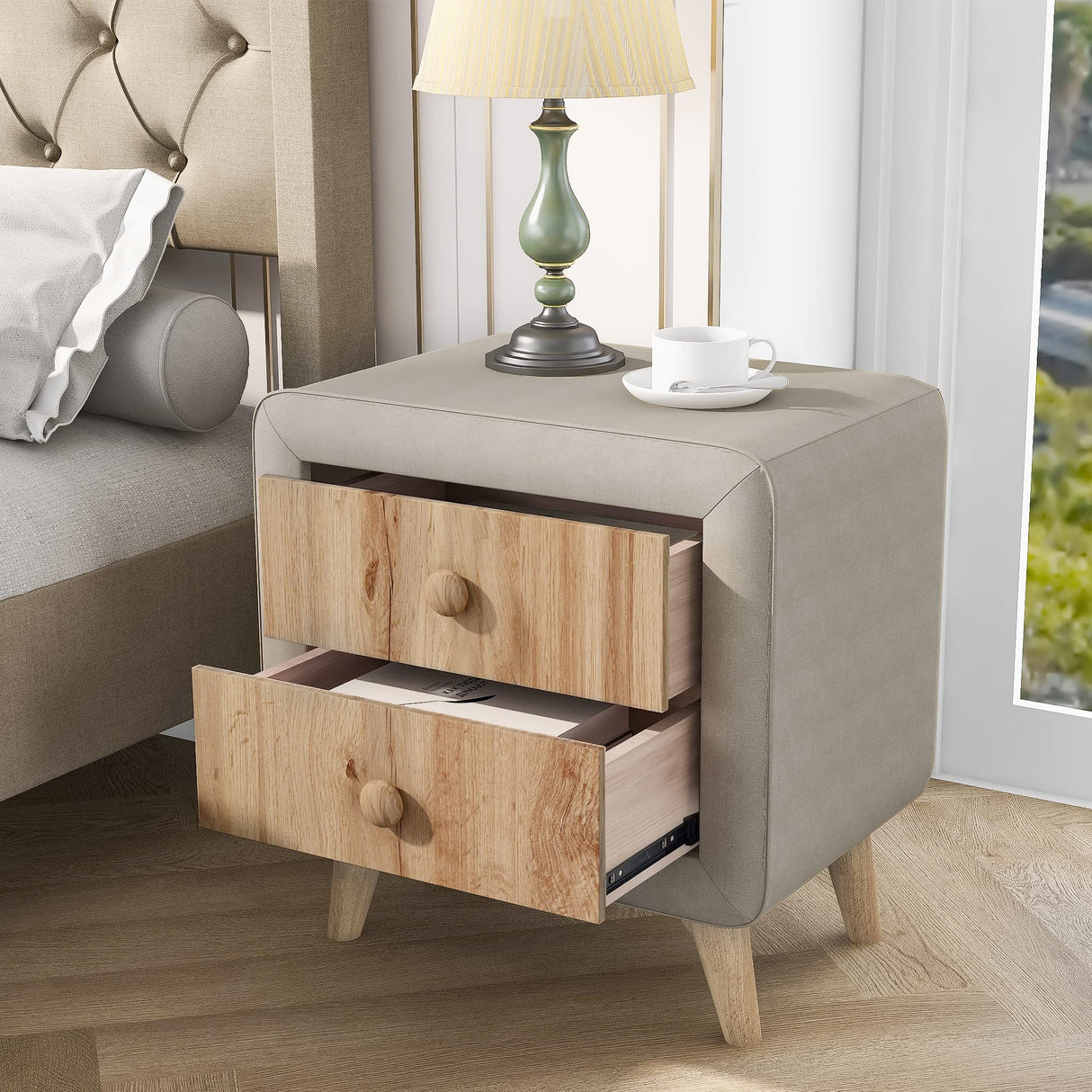 Upholstered Wooden Nightstand with 2 Drawers, Bedside Table with Rubber Wood Leg