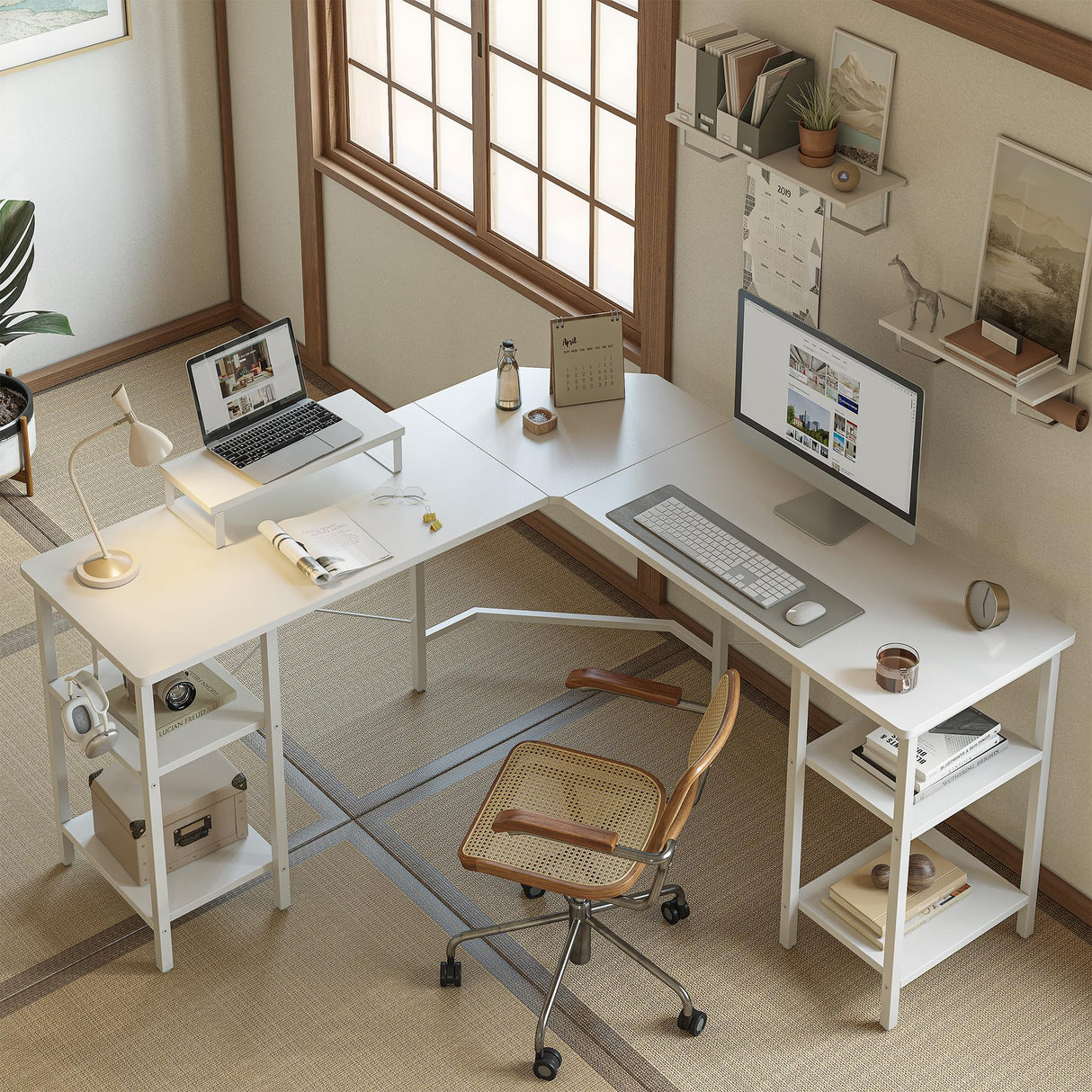 L Shaped Desk with Shleves, 58 inch Large Corner Desk with Two Storage, Space Saving