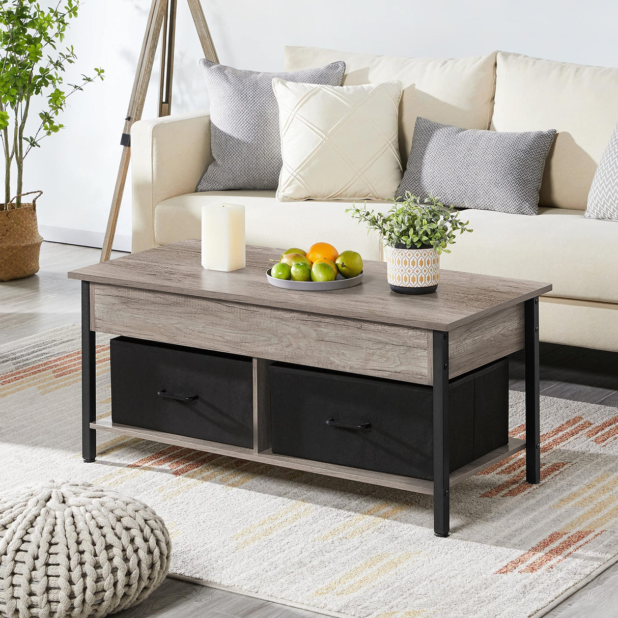 Lift-top Coffee Table with 2 Fabric Baskets & Hidden Storage Compartment
