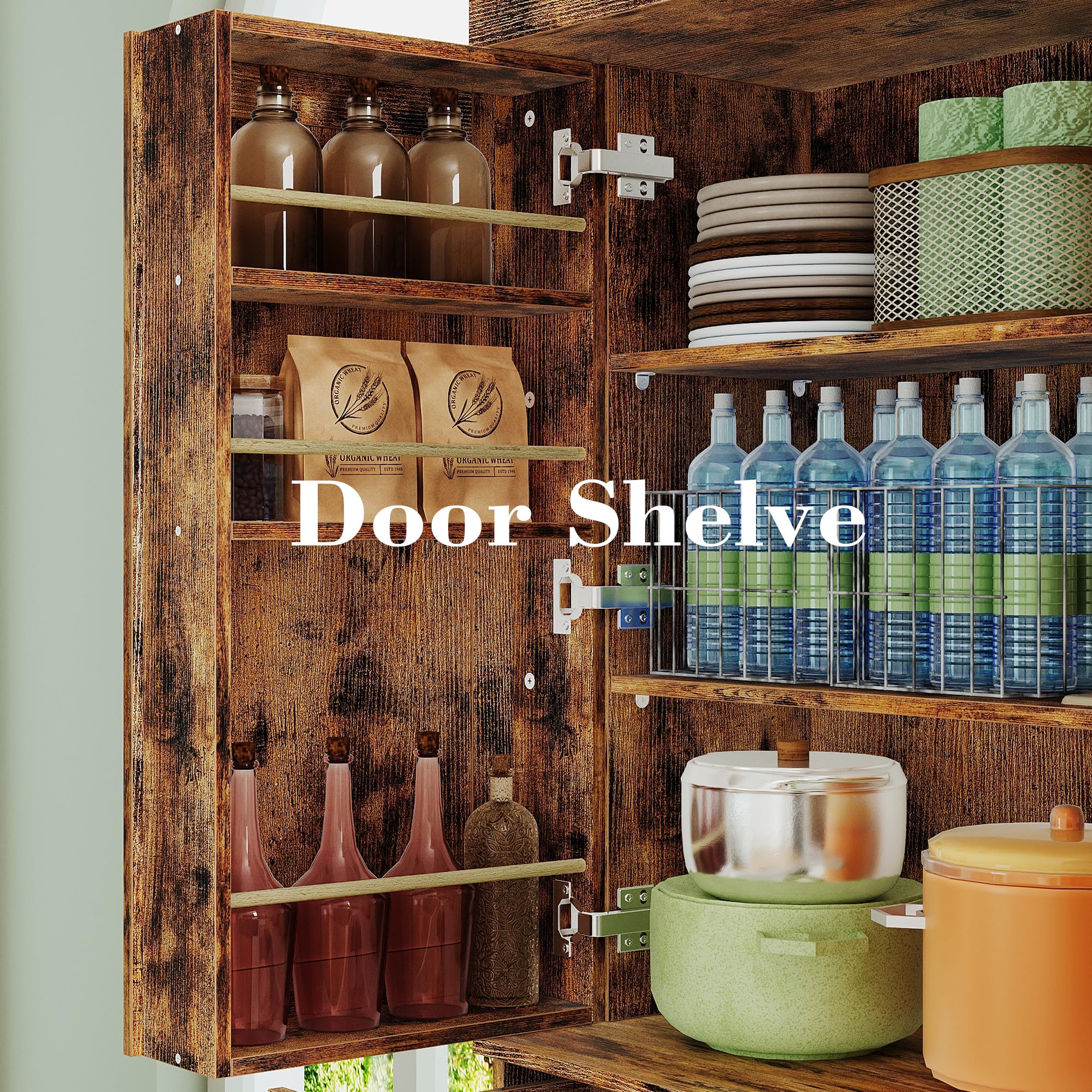 IRONCK Kitchen Pantry Cabinet with Sliding Storage Rack and 6 Hanging Shelves, 72" Height Tall Freestanding Cupboard for Living Room, Dining Room, Laundry, Vintage Brown