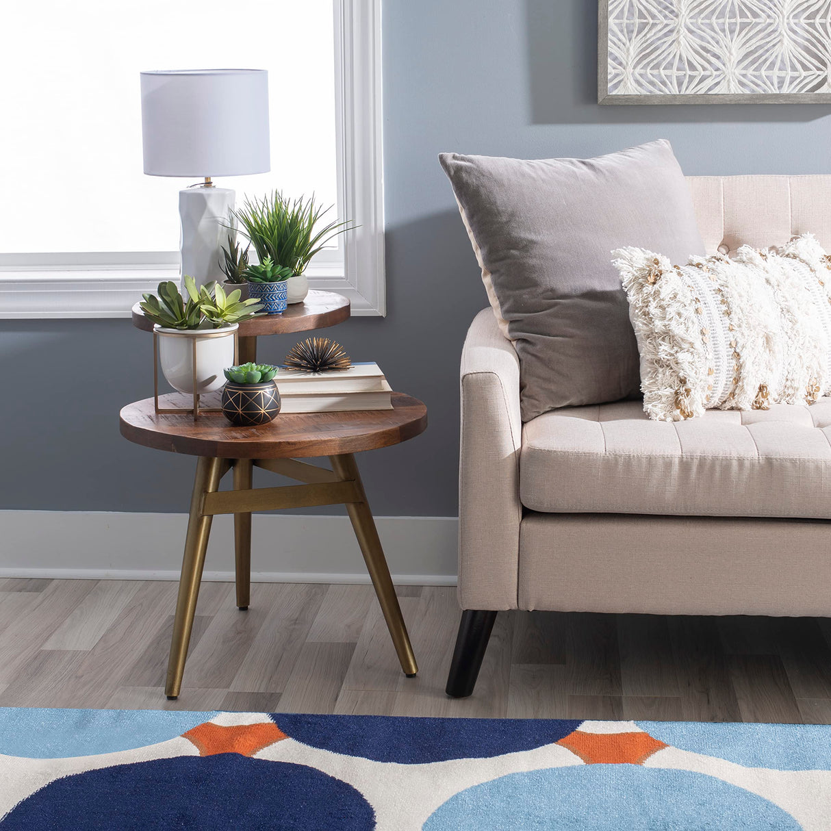 Metal Two Tiered Mango Wood Top Bruno Side Table, Natural & Gold