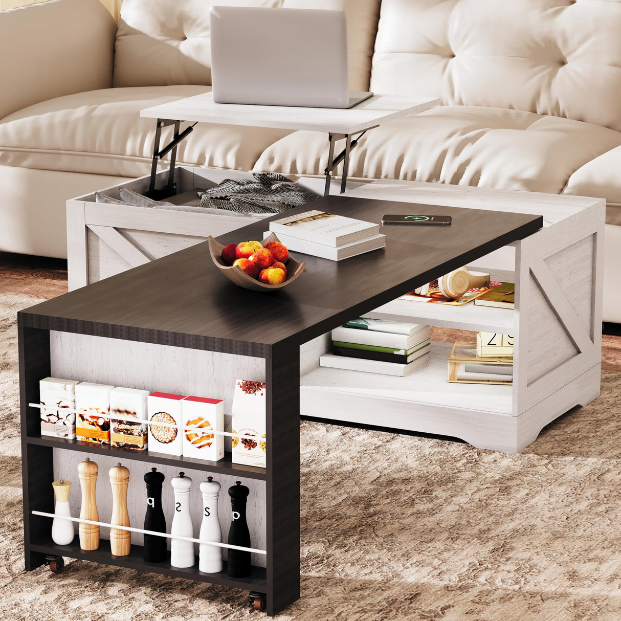 Extendable Coffee Table with Charging Station,Reversible Living Room Table