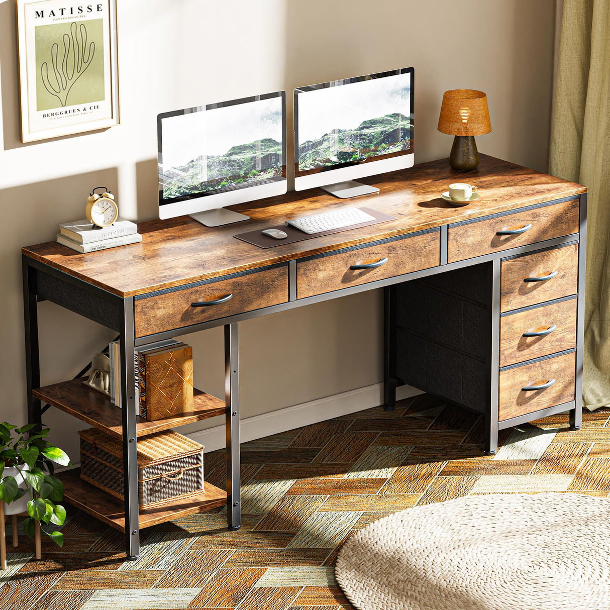 Huuger Computer Desk with 6 Drawers, 54 Inch Office Desk with Shelves, Reversible Gaming Desk, Corner Desk with Storage, Work Desk for Home Office, Study, Living Room, Rustic Brown