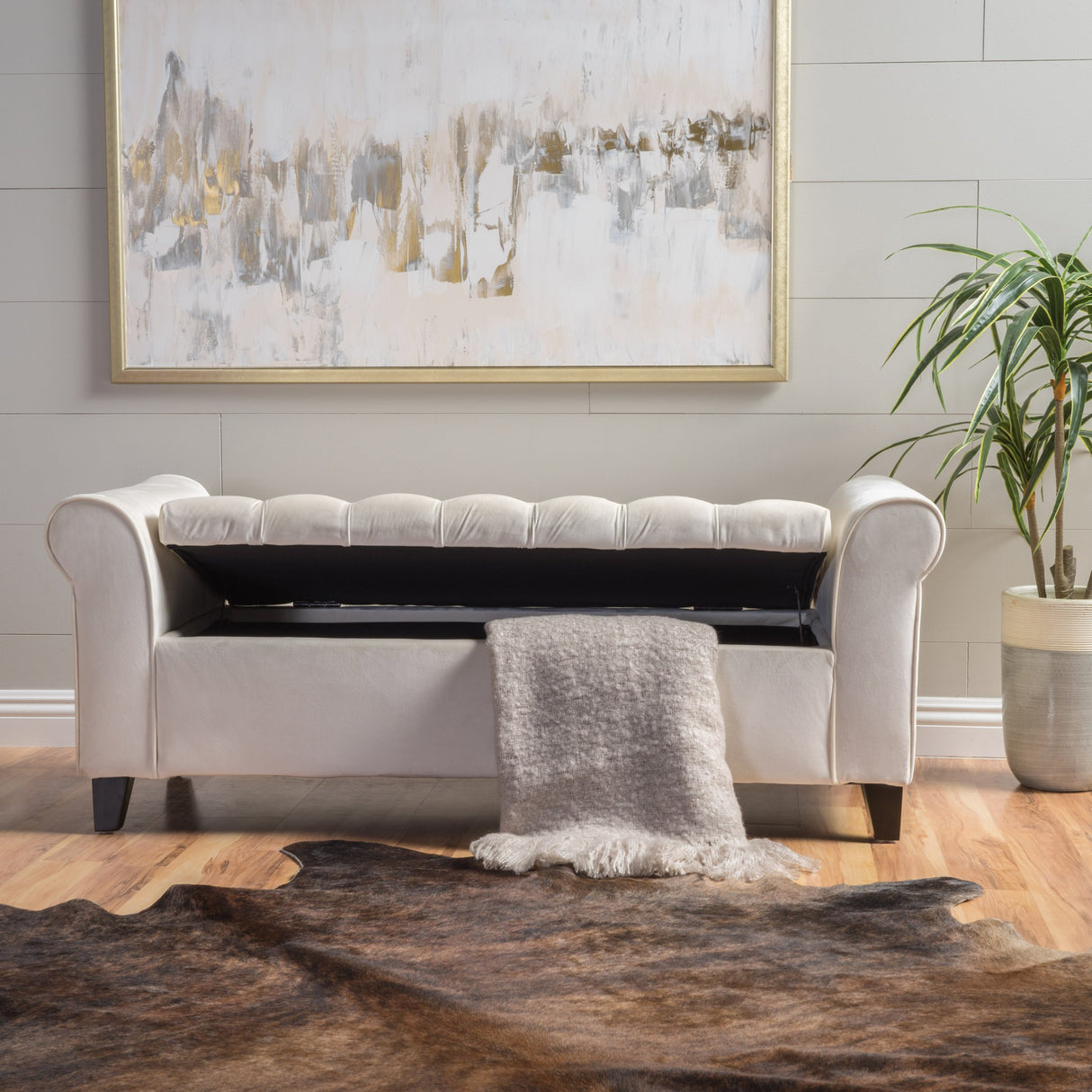 Keiko Velvet Armed Storage Bench, Ivory