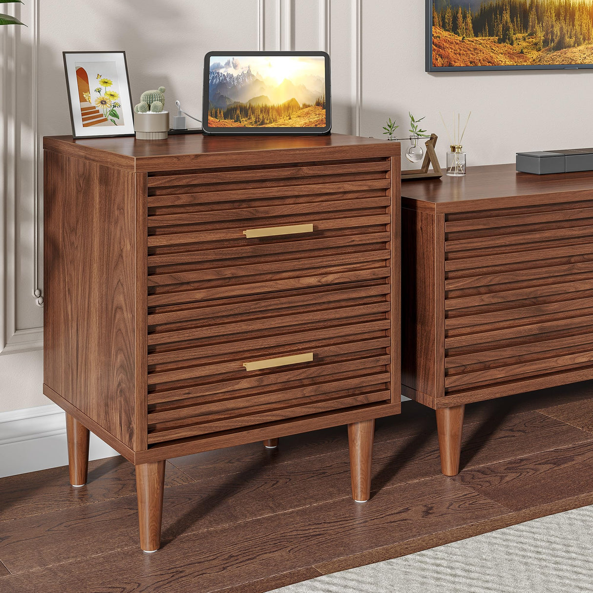 Night Stands with Charging Station, Mid Century Modern Nightstand, Fluted Bedside