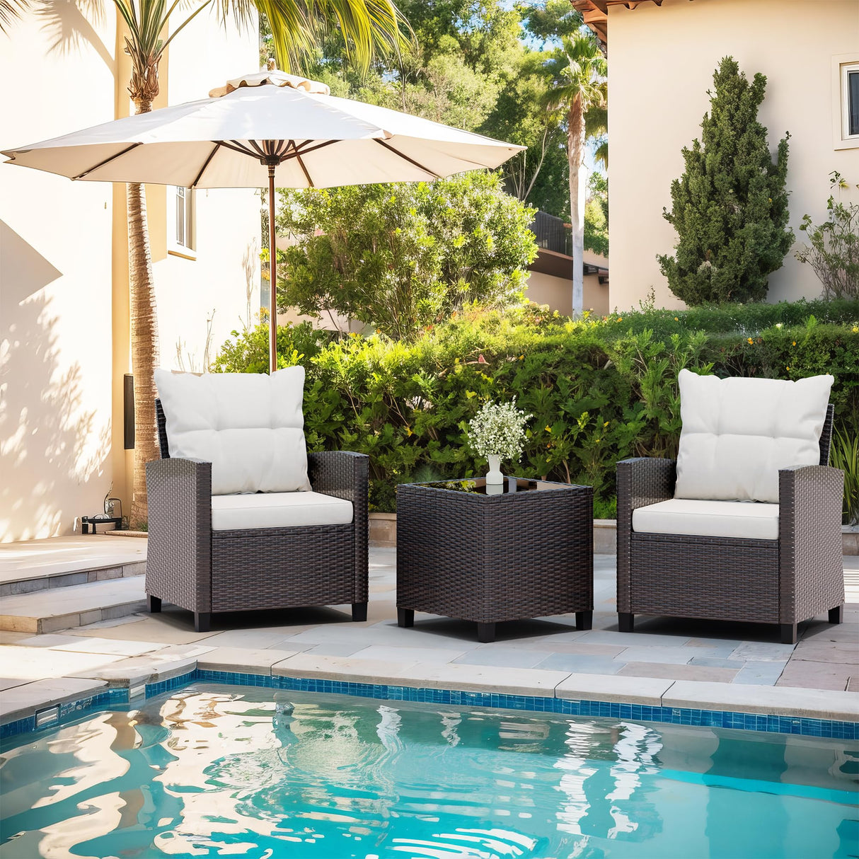 3 Piece Patio Furniture Set Small Outdoor Wicker Rattan Front Porch Bistro Set Cushioned