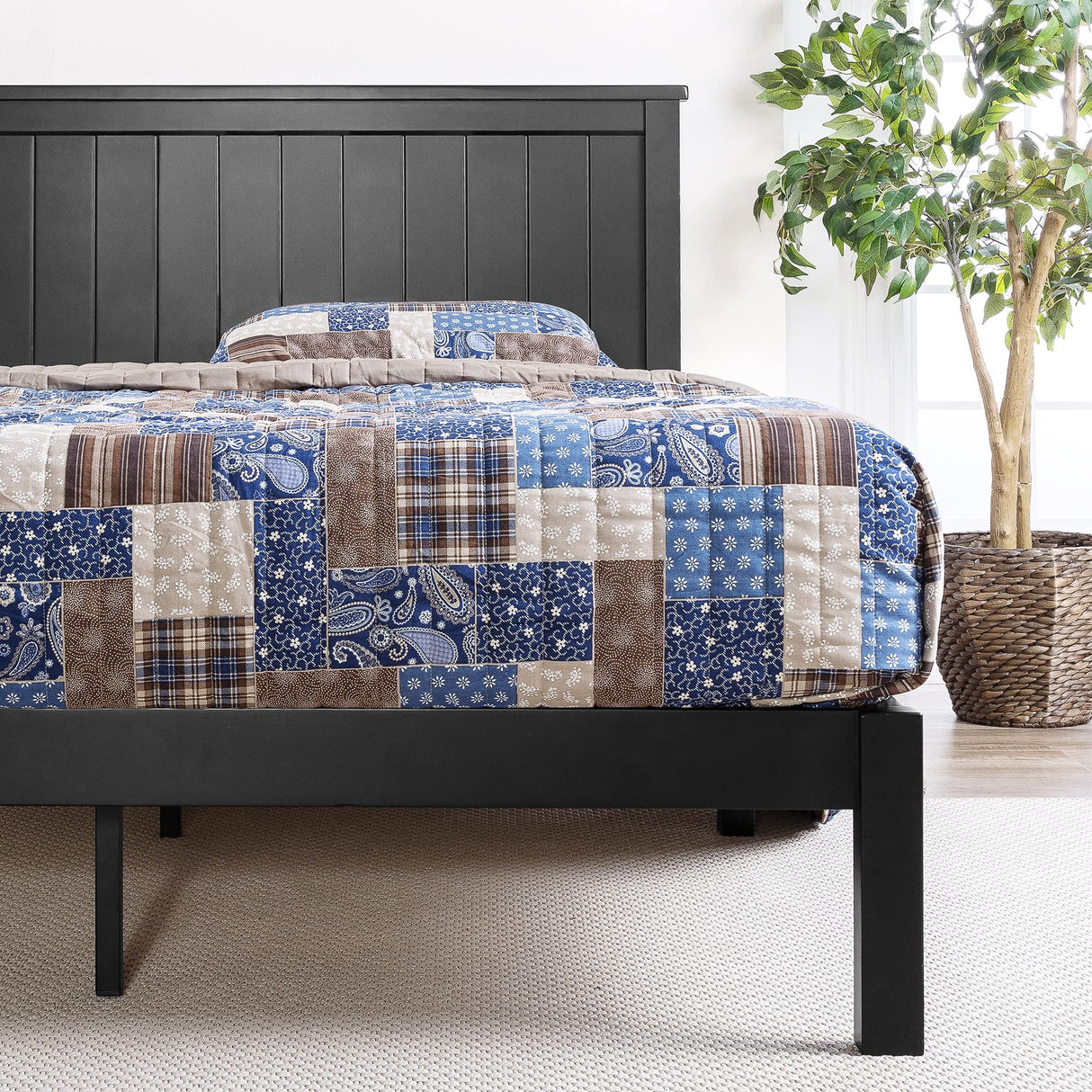 Santiago Wood Platform Bed Frame with Slat Support - Twin, Black