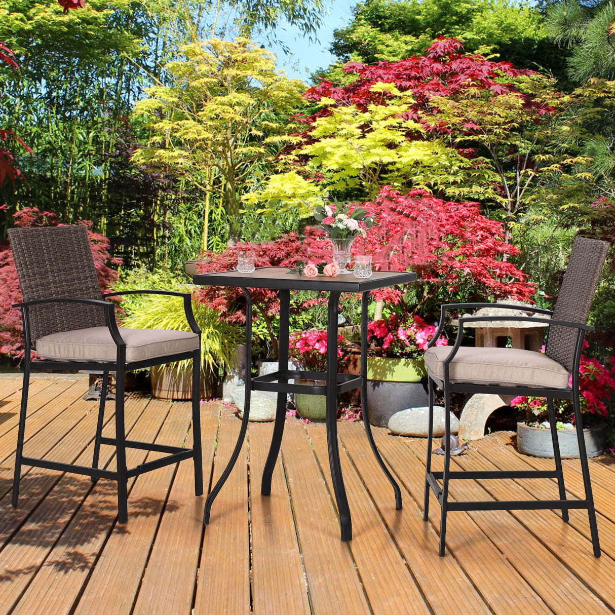 Outdoor Bar Stools Set of 2, Wicker Rattan Bar Stool with Footrest and Armrest