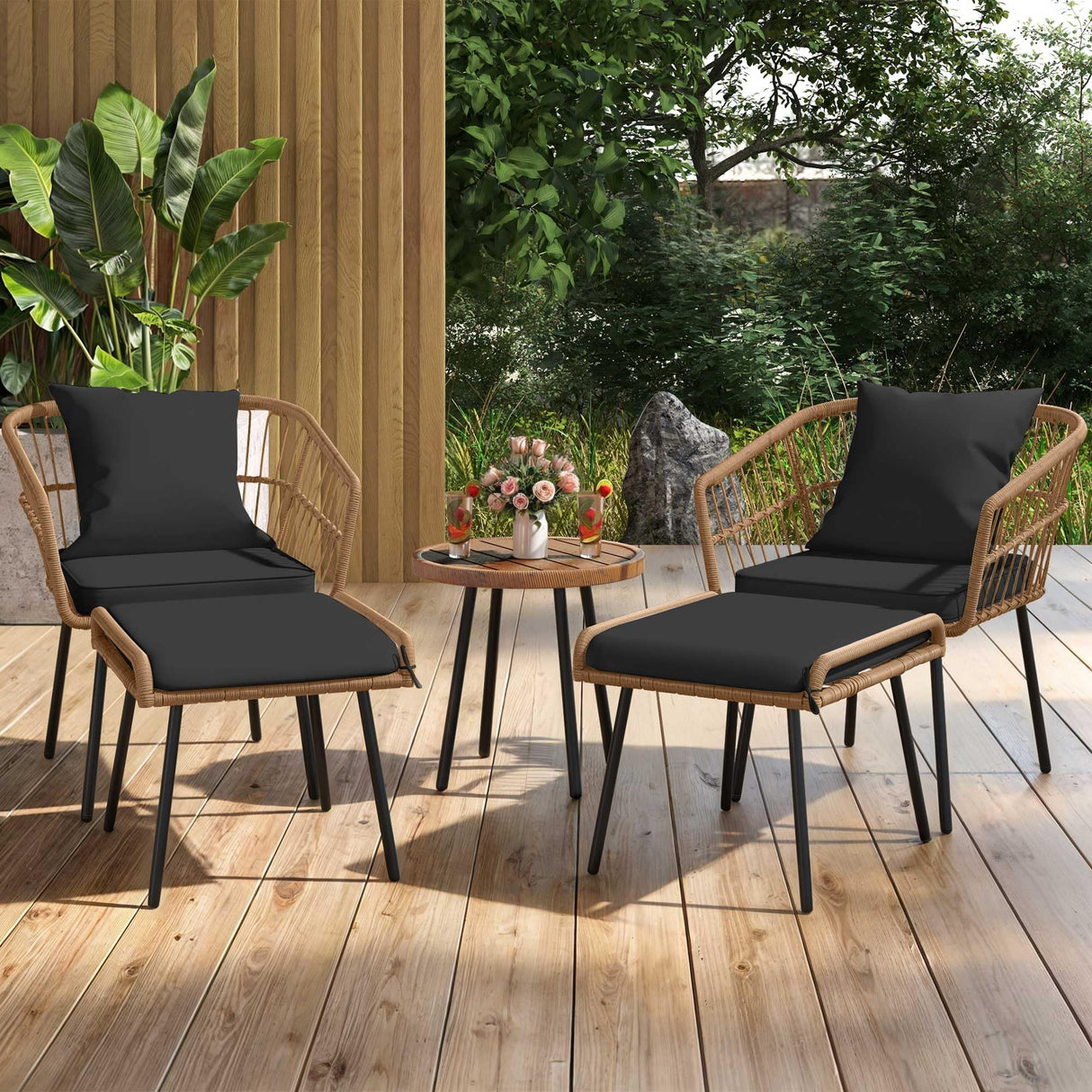 5 Piece Patio Bistro Set, Outdoor Wicker Conversation Set with Ottomans and Side Table