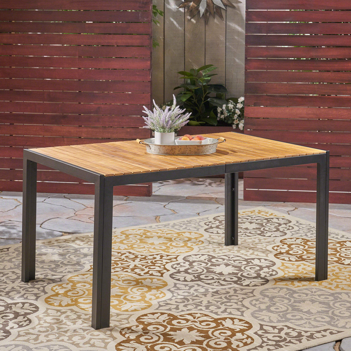 Modern Outdoor Dining Table - Teak Finish with Black Accents