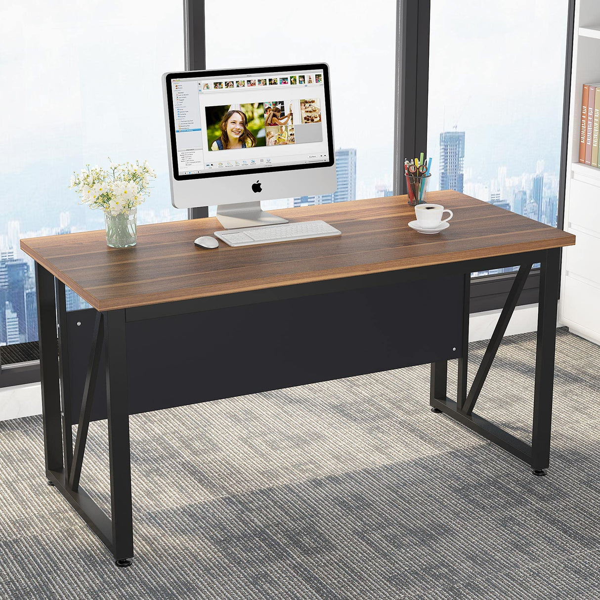55 inches Executive Desk and 43" lateral File Cabinet, L-Shaped Computer Desk Home Office Furniture with Drawers and Storage Shelves, Office Table with Cabinet (Walnut, 55)