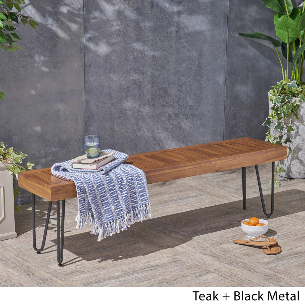 Abbet Outdoor Industrial Wood Bench, Teak/Black Metal
