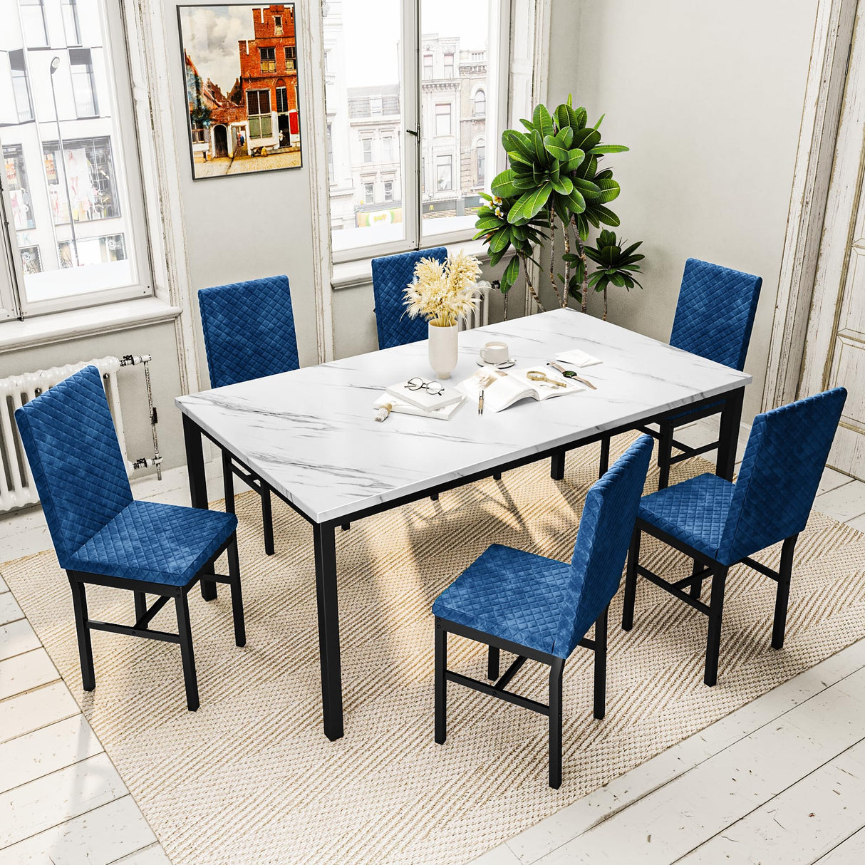 7-Piece Faux Marble Dining Table Set with Velvet Chairs