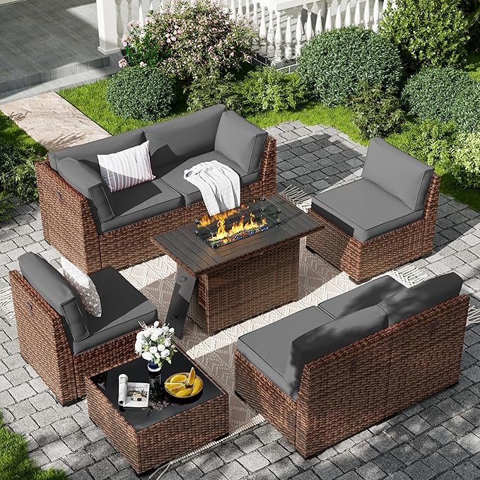 7 Pieces Patio Furniture Set, Outdoor Furniture Sectional Sofa Set with Slanted Back