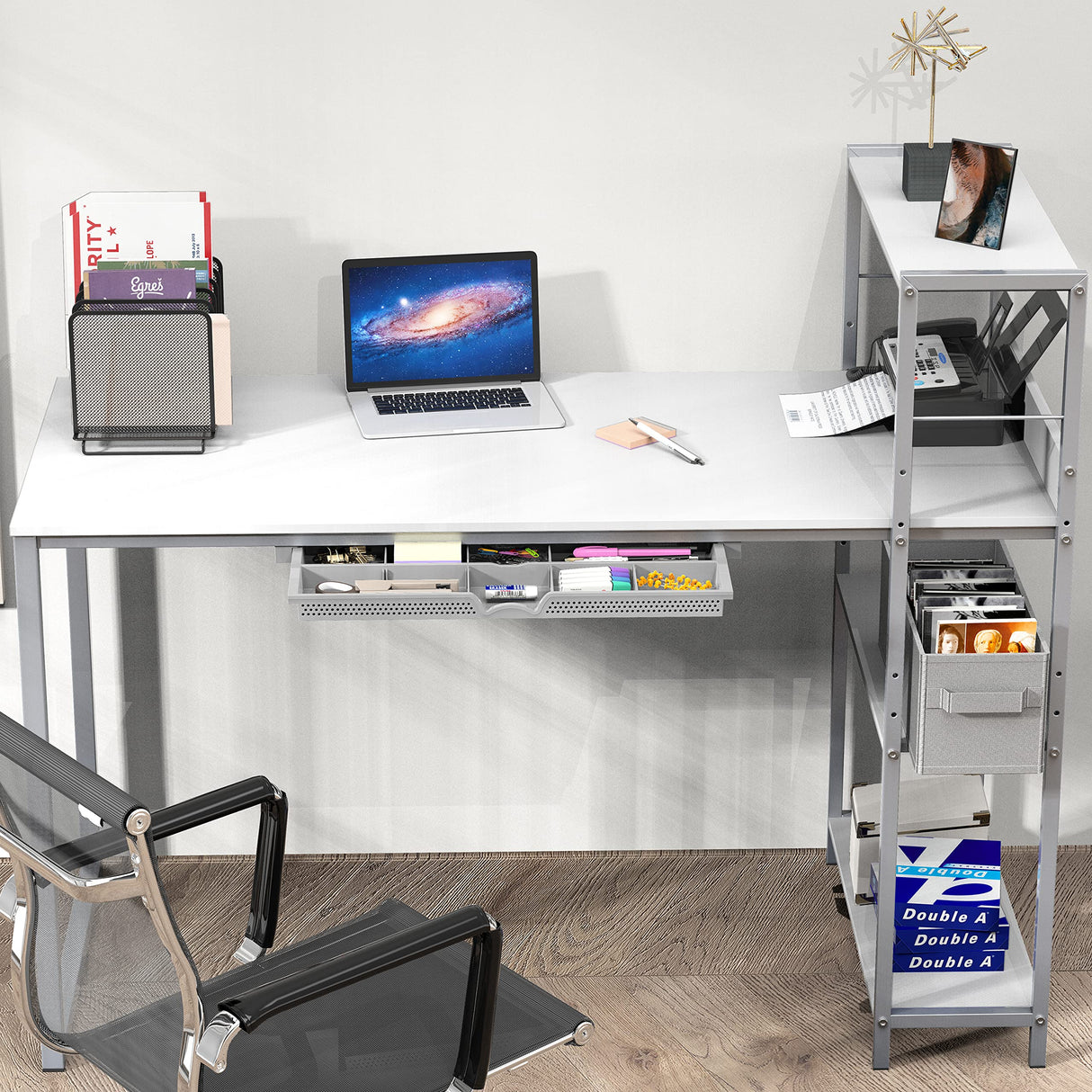 46-Inch Computer Desk with Adjustable Side Shelf and Drawer, 24" Deep, White