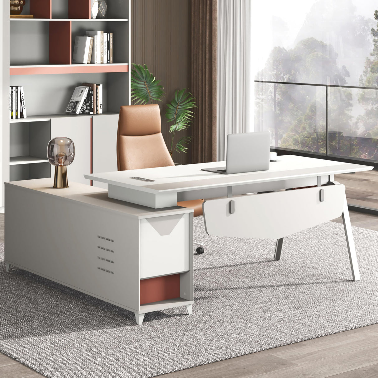 71'' L Shaped Executive Desk with 63'' Lateral File Cabinet Combo,Modern Executive Desk with Drawers,Large Warm White L Shaped Desk with Storage,Office Desk L Shape for Home Office Furniture