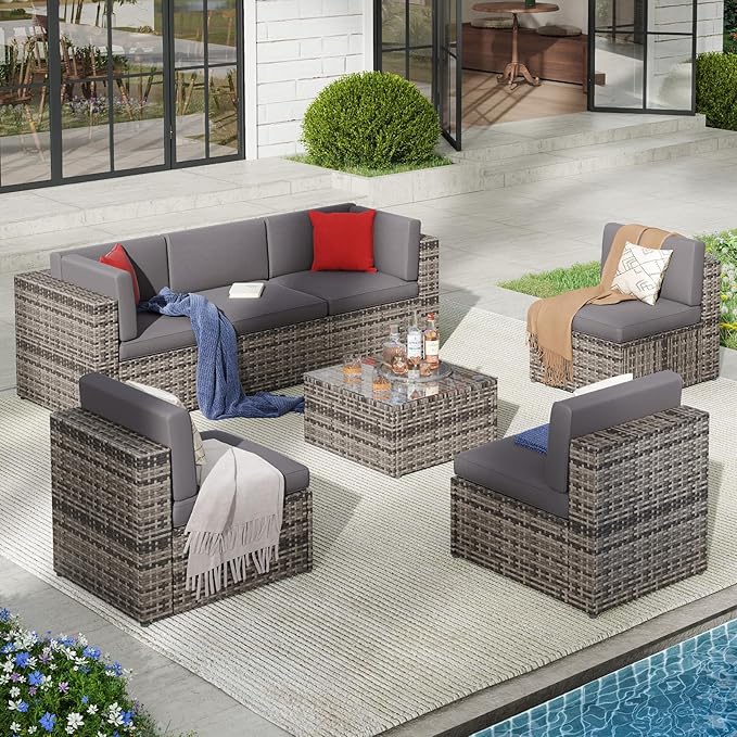 Patio Furniture Sets, 7 Pcs Outdoor Sectional Sofa with Coffee Table