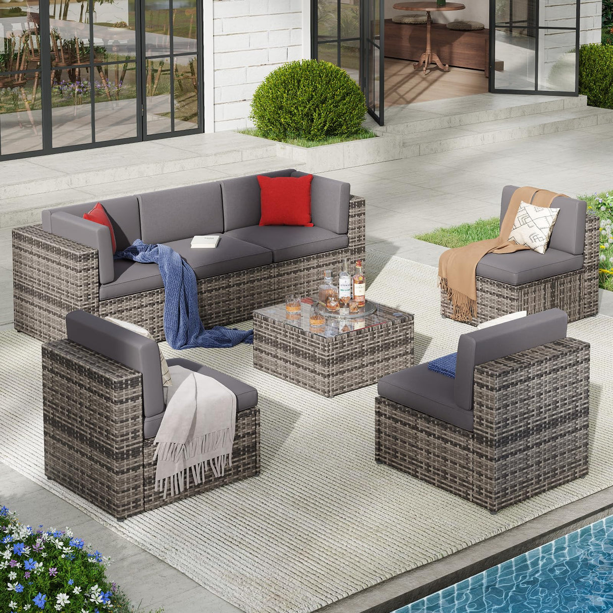 Patio Furniture Sets, 7 Pcs Outdoor Sectional Sofa with Coffee Table
