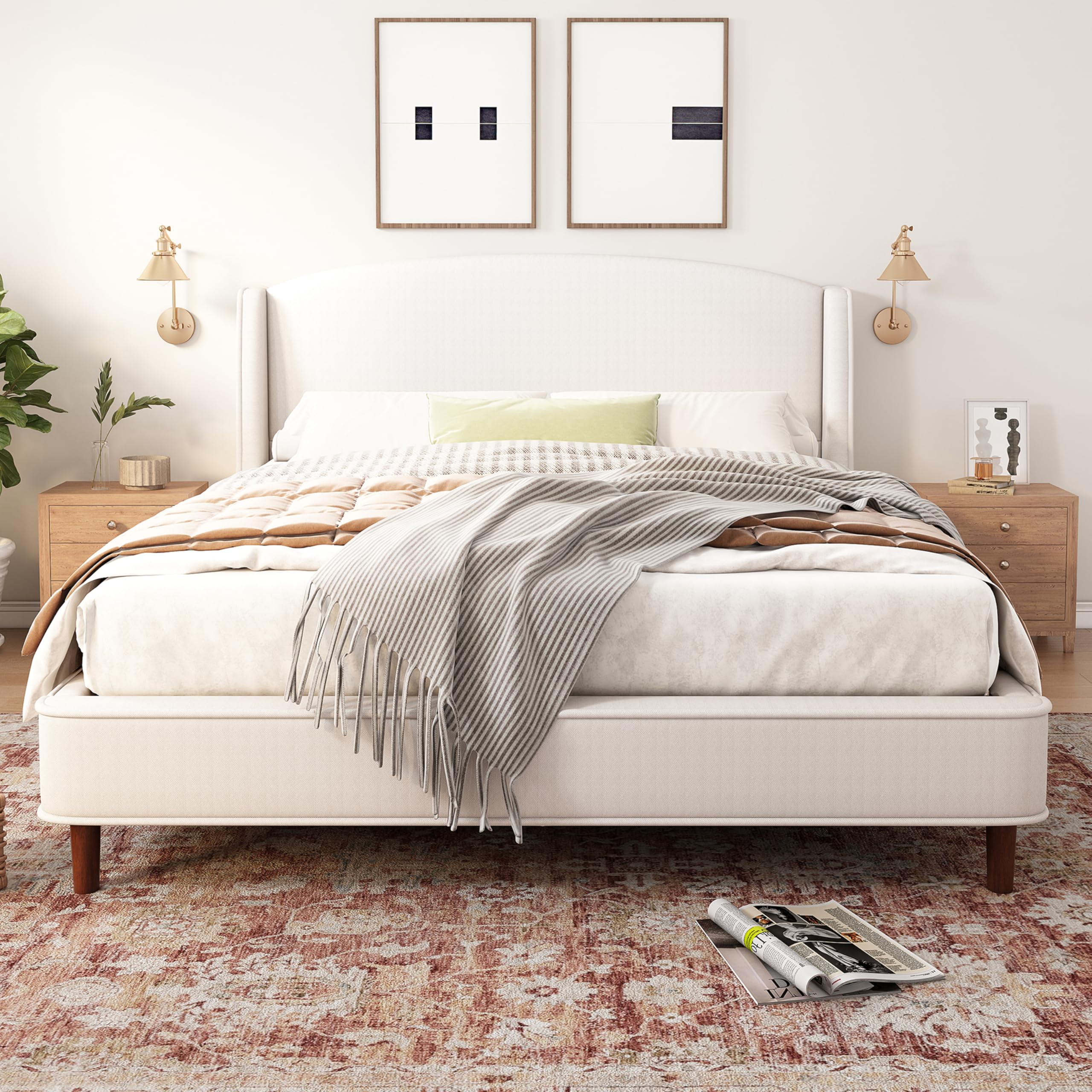 Merax King Size Upholstered Platform Bed Frame, with Wingback Headboard, Beige
