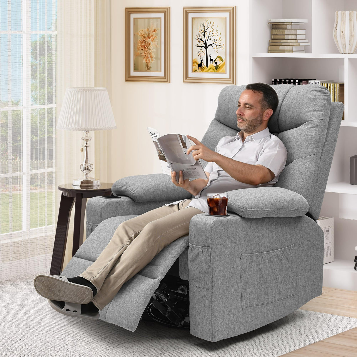 MaxEase Oversized Swivel Power Recliner with Massage, Heat & Storage