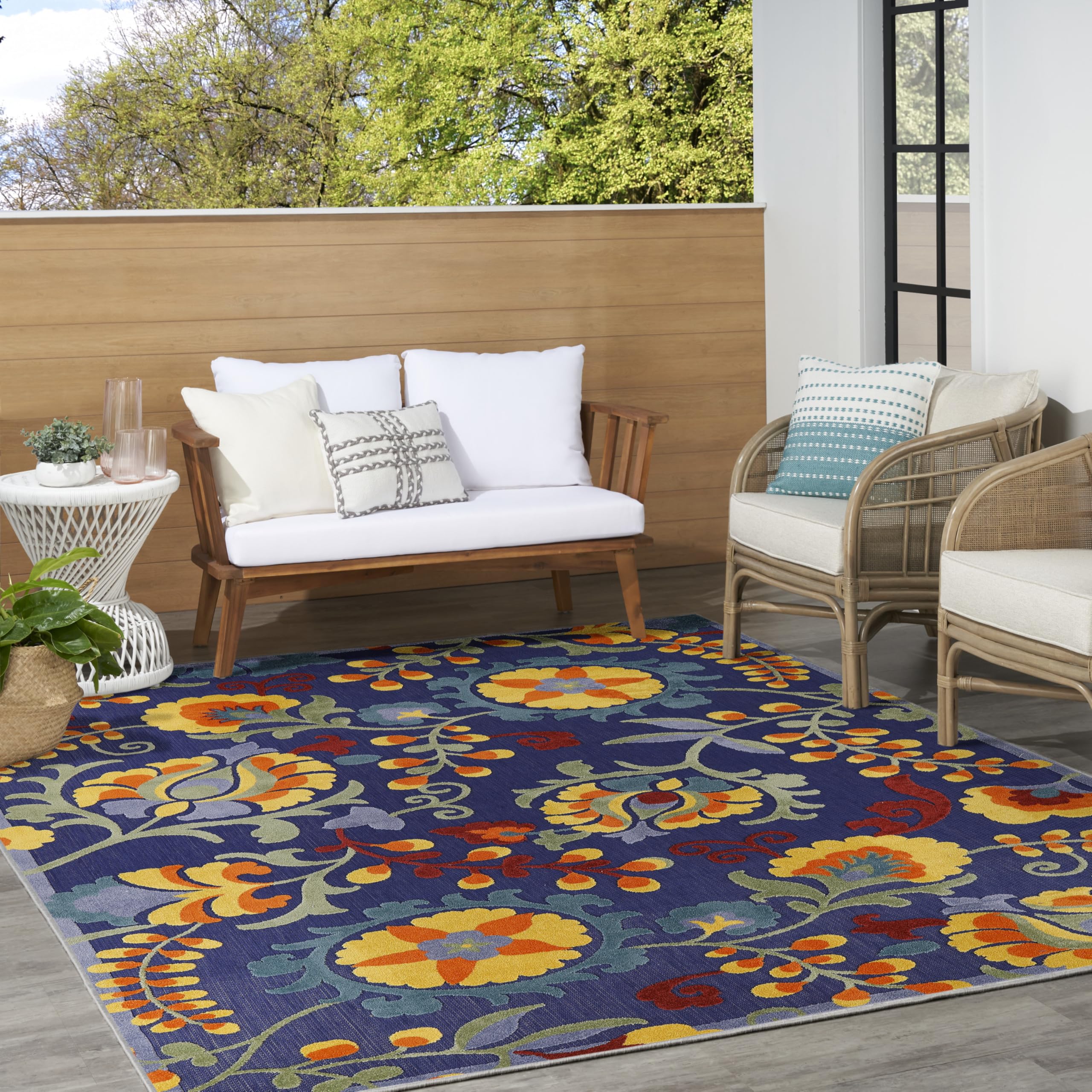 9' x 12' Navy Multicolor Fabric Outdoor Area Rug (9' x 12')
