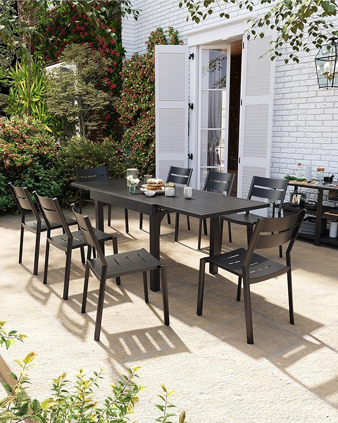 Outdoor Dining Table Glass Top Patio Dining Table, Outdoor Aluminum Extendable Dining Table