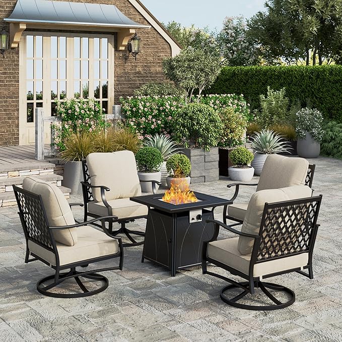 5 Pieces Fire Pit Patio Furniture Set, 4 x Thick Cushioned Swivel Chairs with 28" Fire Pit Table (50,000 BTU)