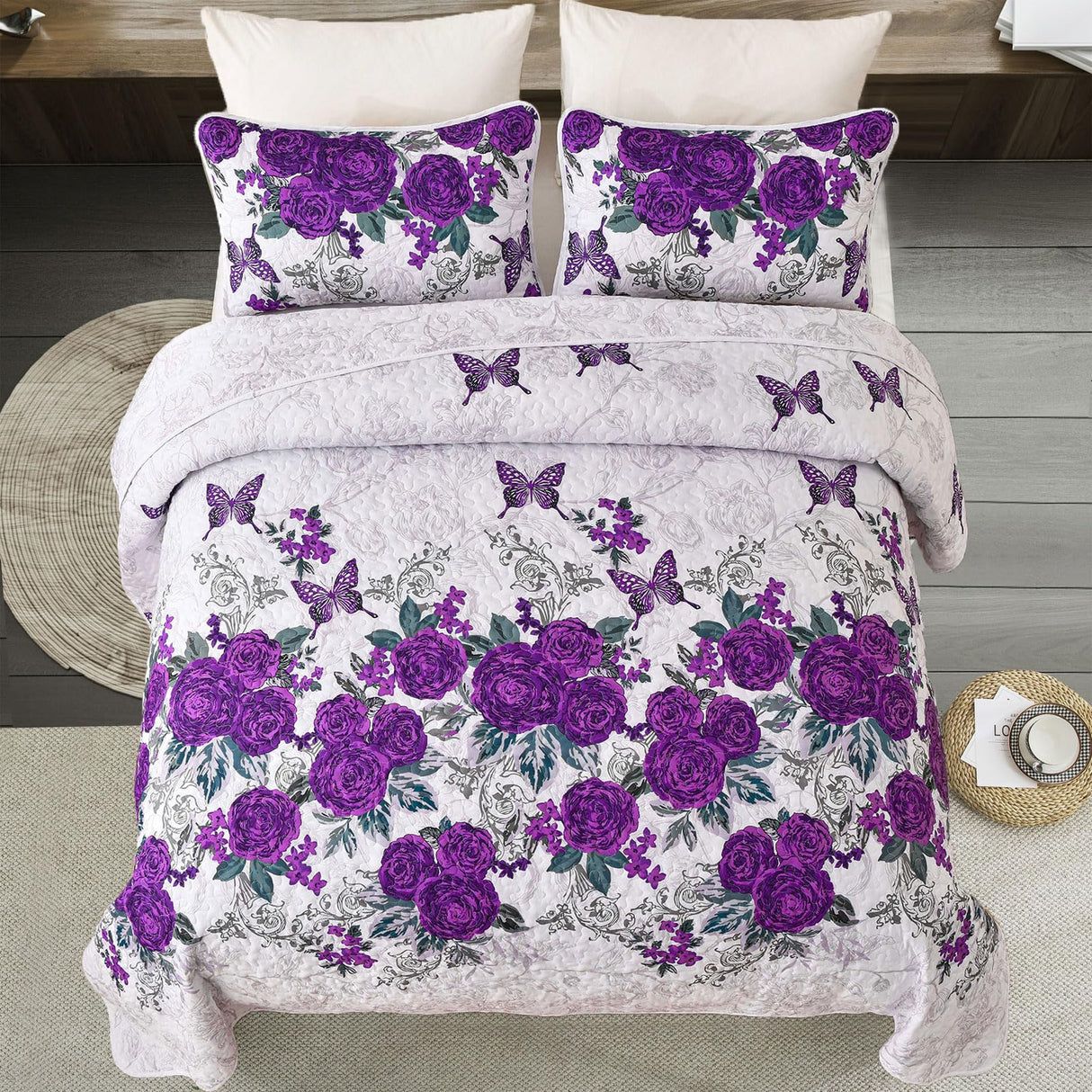 Floral Quilt Set Queen Size Elegant Purple Rose Bedding Bedspreads