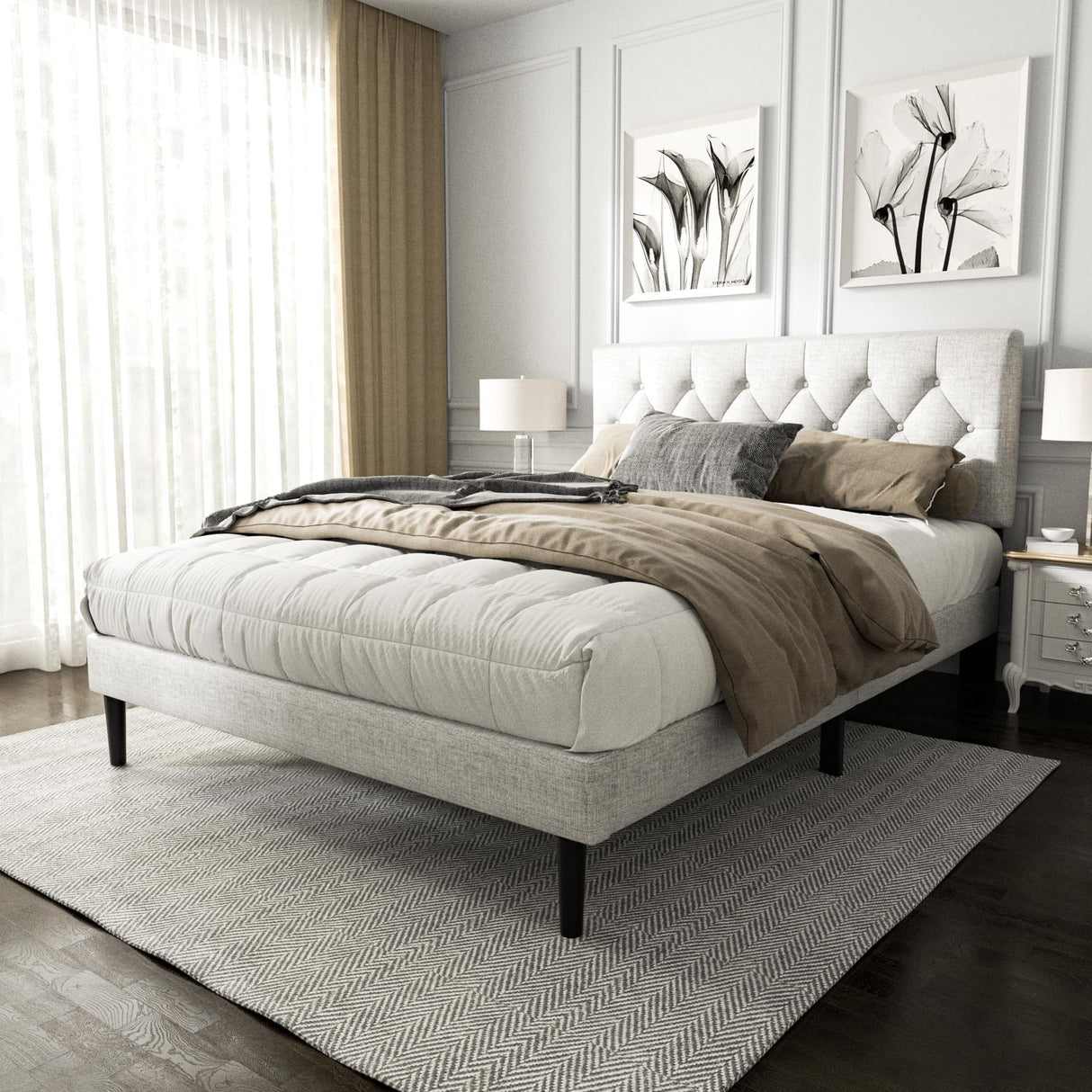 Queen Size Platform Bed Frame with Upholstered Button Tufted Headboard