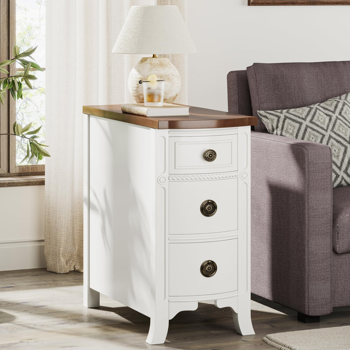 Solid Wood End Table, 3-Drawer Narrow Side Table
