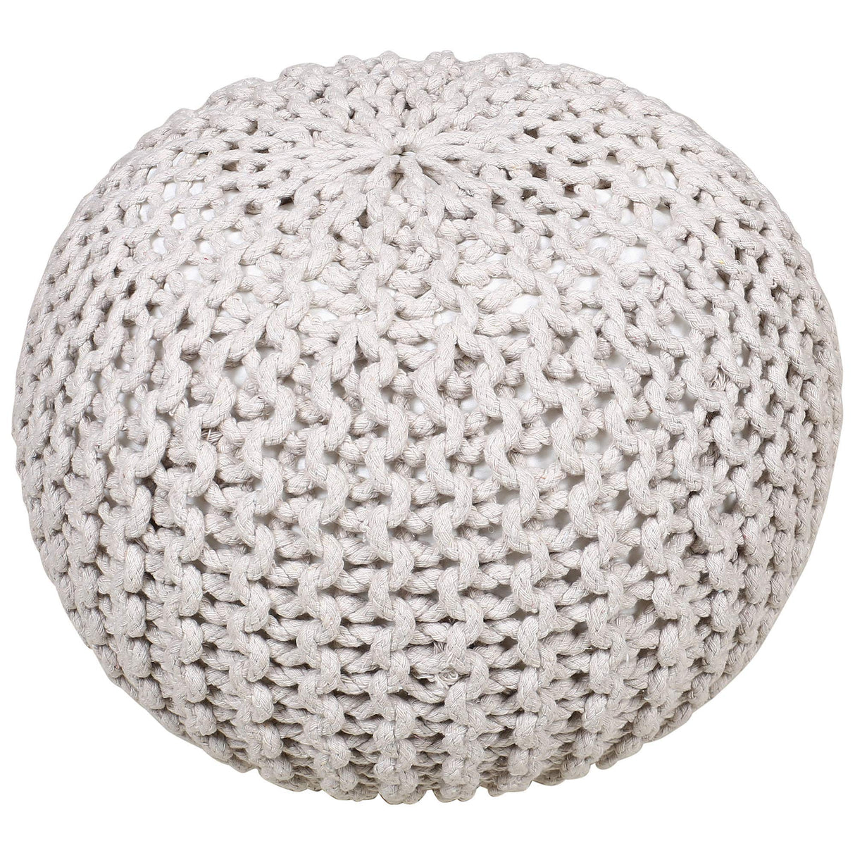 Ottoman Round Pouf Ivory Cotton Braided Cord Woven Foot Stool Hand Stitched