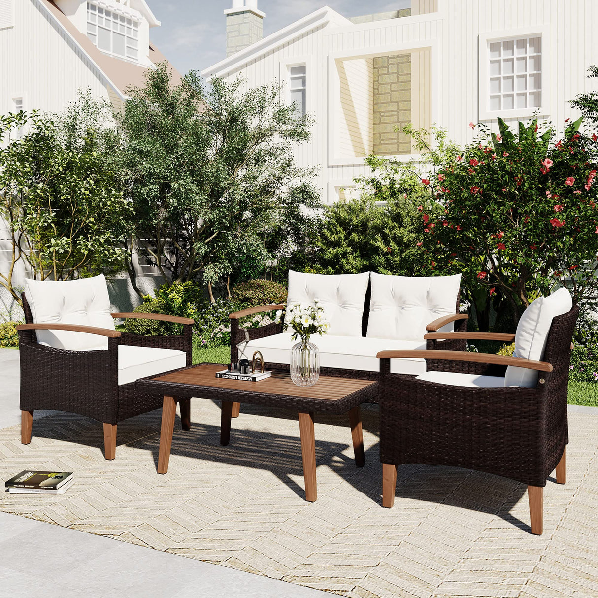 4-Piece Patio Conversation Sofa Set - Patio Furniture Set Wicker Rattan Sofa Couch